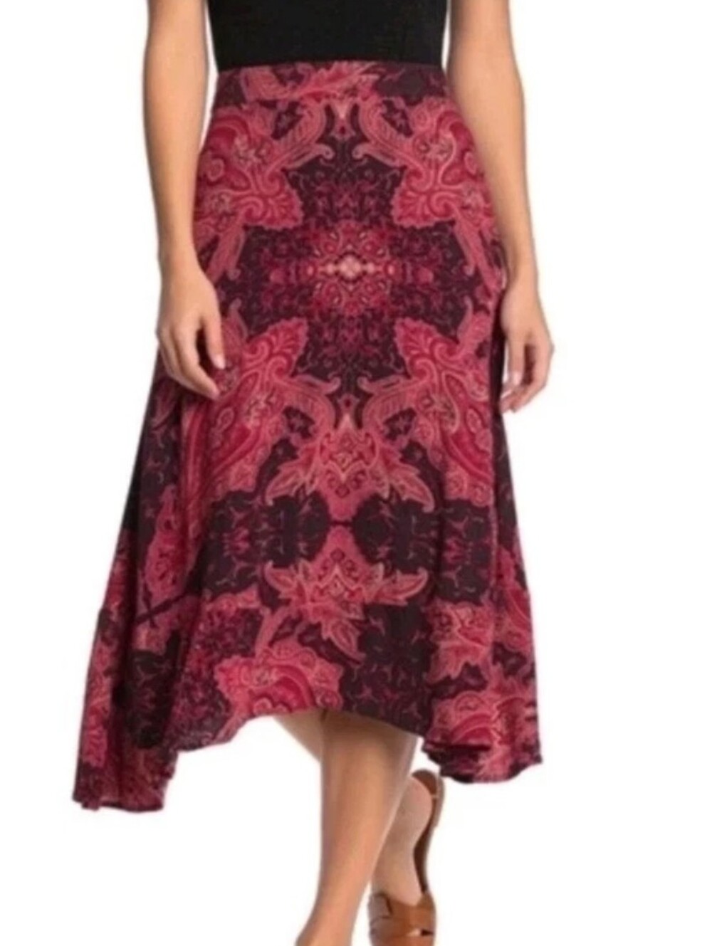 💐NWT Free People At The Shore Skirt Sz 0 Handkerchief Sharkbite Hem Red Paisley - Picture 2 of 16